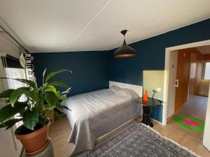 1 dormitorio con cama y pared azul en Stylish 2 bedroom city apartment, en Rovaniemi