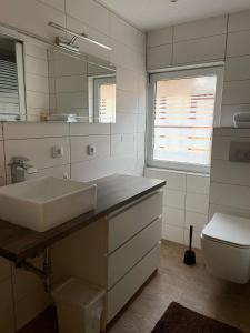La salle de bains est pourvue d'un lavabo et de toilettes. dans l'établissement M & E Ferienwohnung, à Bad Mergentheim
