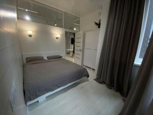 um quarto com uma cama e um espelho grande em Business Double Room Lux Apartment in the Center em Chisinau