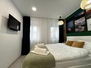 a bedroom with a large bed and a flat screen tv at Rein Old Town in Sibiu