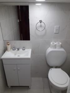 Baño blanco con aseo y lavamanos en NINO moniambiente en Ushuaia