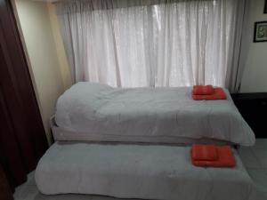 2 camas individuales en una habitación con ventana en NINO moniambiente en Ushuaia
