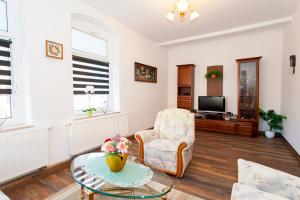 a living room with a chair a table and a tv at Apartment Zoey in Auerbach