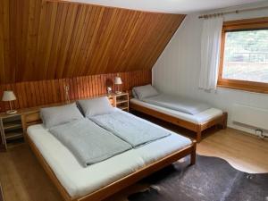 德巴諾夫斯卡多利納的住宿－Chata Jana Demänovská Dolina，一间卧室设有两张床和窗户。