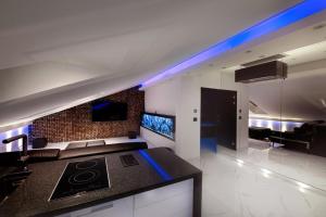 a kitchen with a stove and a living room at Premium spa in Belgrade