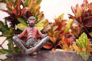 Eine Statue eines Mannes, der auf einer Pflanze sitzt. in der Unterkunft Frenold Inn in Potrerillos