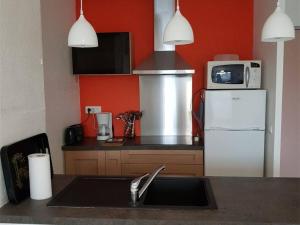a kitchen with a white refrigerator and a microwave at Appartement Argelès-sur-Mer, 2 pièces, 4 personnes - FR-1-388-52 in Argelès-sur-Mer