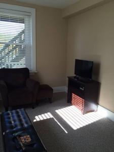 een woonkamer met een bank en een televisie bij Your home away from home! First floor LTR discounts 533 in Pittsburgh