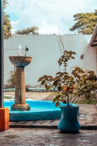 a water fountain sitting next to a potted plant at Casa Colonial in Mariquita