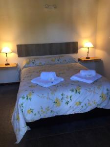 1 dormitorio con 1 cama con 2 toallas y 2 lámparas en Departamento San Martin de los Andes Zona Centro en San Martín de los Andes