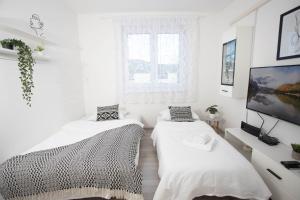 2 camas en una habitación con paredes blancas y ventana en Apartman Mirna Vinkovci en Vinkovci