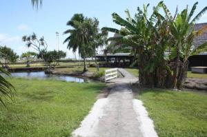 un camino que conduce a una casa con un estanque en Raiatea Airport Bungalow, en Uturoa