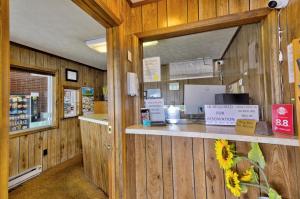 a shop with wooden walls and a counter with a window at Knob Hill Motor Lodge in Hillsville