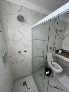 uma casa de banho com um WC e uma cabina de duche em vidro. em Brasao Palace Hotel em Presidente Prudente