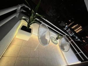 twee tennisrackets op de vloer naast een plant bij La Serena - Departamento Frente al Mar in La Serena