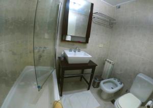 a bathroom with a sink and a shower and a toilet at El Descanso - Ushuaia in Ushuaia