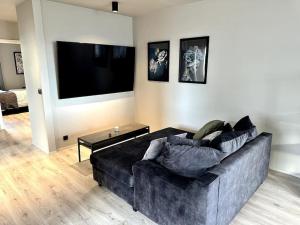 a living room with a couch and a flat screen tv at Elegant apartment in Keflavík in Keflavík