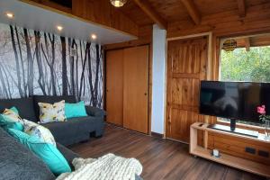 a living room with a couch and a flat screen tv at Cabaña de montaña en Cerro Otto con increible Vista al Lago in San Carlos de Bariloche