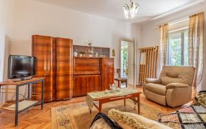 a living room with a chair and a television at Liznjan - Blue Gate Manor in Ližnjan