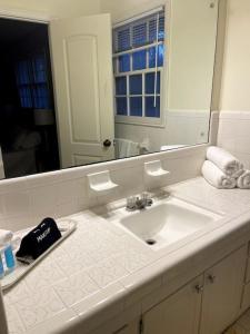 a bathroom counter with a sink and a mirror at You won't want to leave! in Huntsville