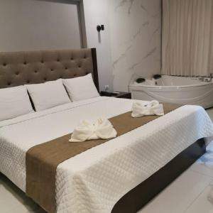 1 dormitorio con cama, bañera y bañera en Hotel Cayuga, en Puntarenas