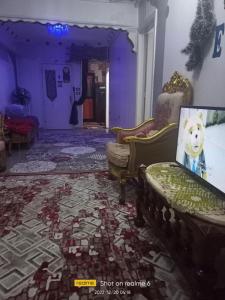 Cash and cash only please في ‘Izbat al Qaşr: غرفة معيشة مع كراسي وصورة كلب