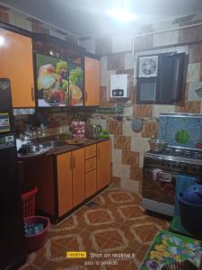 eine Küche mit einer Spüle und einem Herd in der Unterkunft Cash and cash only please in ‘Izbat al Qaşr
