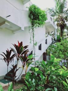 um edifício com árvores e plantas à sua frente em Sandil Surf house em Ahangama
