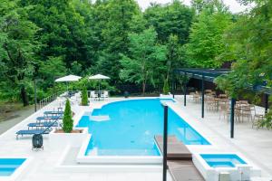 a swimming pool with tables and chairs and trees at Hotel Sierra Resort Hakuba in Hakuba