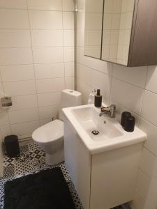 a white bathroom with a toilet and a sink at Gårdshus med spabad utomhus in Vadstena