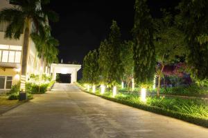 a street at night with palm trees and lights at Diamond Bay Condotel Resort Nha Trang in Nha Trang