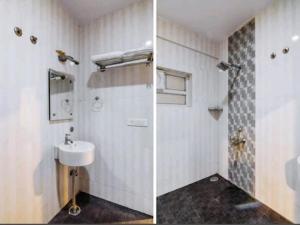 two pictures of a bathroom with a sink and a shower at Royal shades kodihali in Bangalore