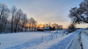 ein schneebedecktes Feld mit einem Haus in der Ferne in der Unterkunft Sunny Beaver B&B in Trakai