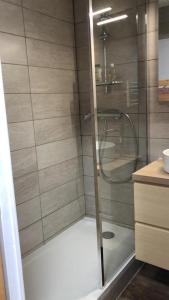a shower with a glass door in a bathroom at Le Bouquetin - Immeuble Le Pluton in Les Deux Alpes