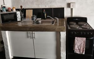 a kitchen counter with a sink and a stove at Maboneng Precinct Johannesburg - Craftsmenship Apartments in Johannesburg