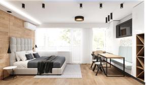 a bedroom with a bed and a desk and a television at LUXURIOUS ONE BEDROOM STUDIO IN TOP CENTER in Blagoevgrad +9 photos