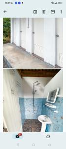 two pictures of a bathroom with a sink and a shower at koh mook oyoy reggaebar bungalow in Koh Mook