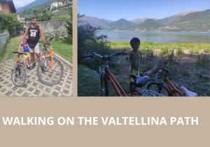 two pictures of a man standing next to two bikes at Palazzo Vertemate Traona in Traona