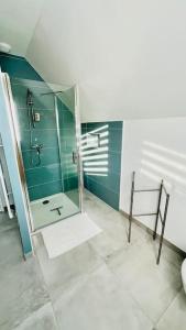 La salle de bains est pourvue d'une douche avec une porte en verre. dans l'établissement Maison à l'orée du bois du Kador, à Crozon