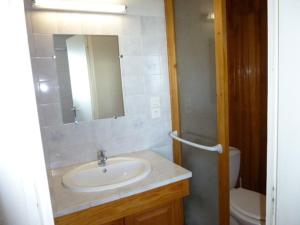 un bagno con lavandino, WC e specchio di Arette : Apt 4/5 pers, au pied des pistes, ascenseur, parking, micro-ondes/grill - FR-1-602-107 ad Arette