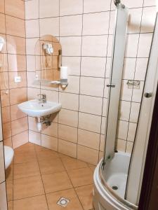 a small bathroom with a sink and a shower at Koral Hotel in Verkhniy Koropets