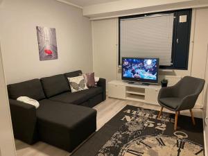 a living room with a couch and a television at Style 1BR Appartment in Tornio in Tornio