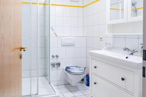 a bathroom with a shower and a toilet and a sink at Haus Katharina, Balkon mit Meerblick in Lauterbach