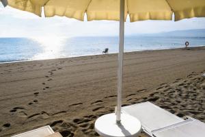 una spiaggia con ombrellone e cane in spiaggia di Salice Resort a Marina di Schiavonea