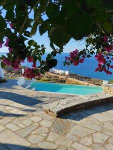 a swimming pool with pink flowers and the ocean at Maison Simone with private heated infinity pool & spectacular sea view in Agios Sostis