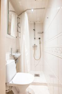 a white bathroom with a toilet and a shower at 2ndhomes Cozy & Compact Top Floor Studio in Erottaja in Helsinki