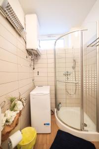 łazienka z prysznicem, toaletą i umywalką w obiekcie Casa della Nonna Old town Zadar w mieście Zadar +37 zdjęć