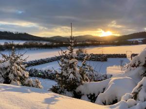 un campo cubierto de nieve con la puesta de sol en el fondo en Villa federleicht, en Medebach