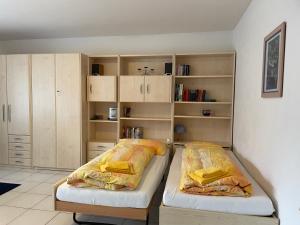 a bedroom with two beds and book shelves at Muralto-Locarno: Miramonti Apt. 4 in Locarno