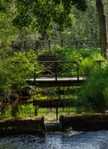 a bench sitting on a bridge over a pond at Clarion Hotel Winn in Gävle